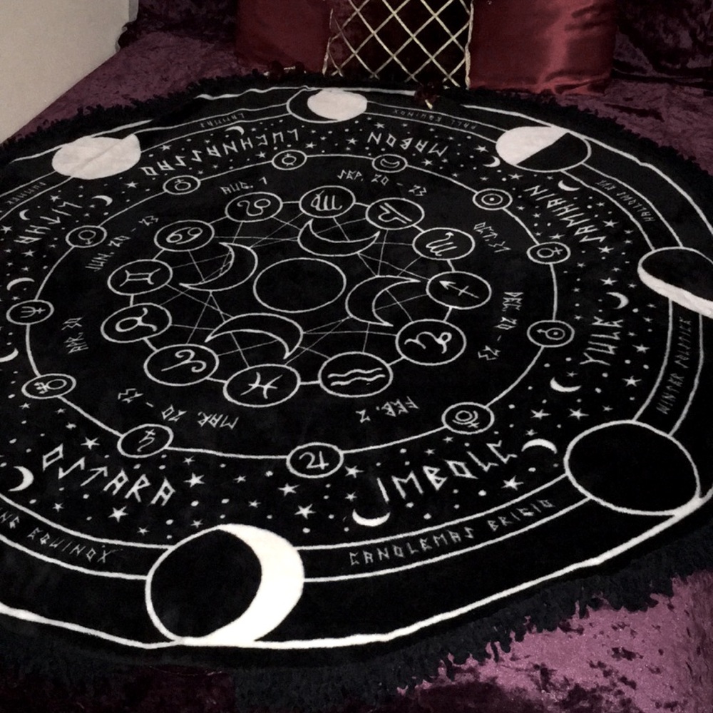 Killstar moon phase zodiac horoscope round fringe throw blanket goth witchy